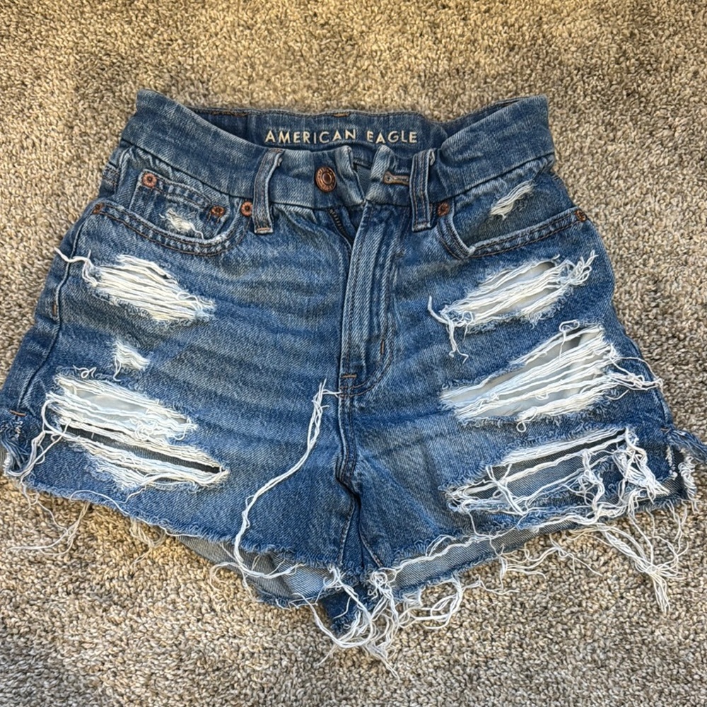 American Eagle Outfitters Blue Jean Shorts with Distressed Cut-Off Style